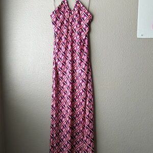 Women's Backless Pink Geometric Halter Maxi Dress